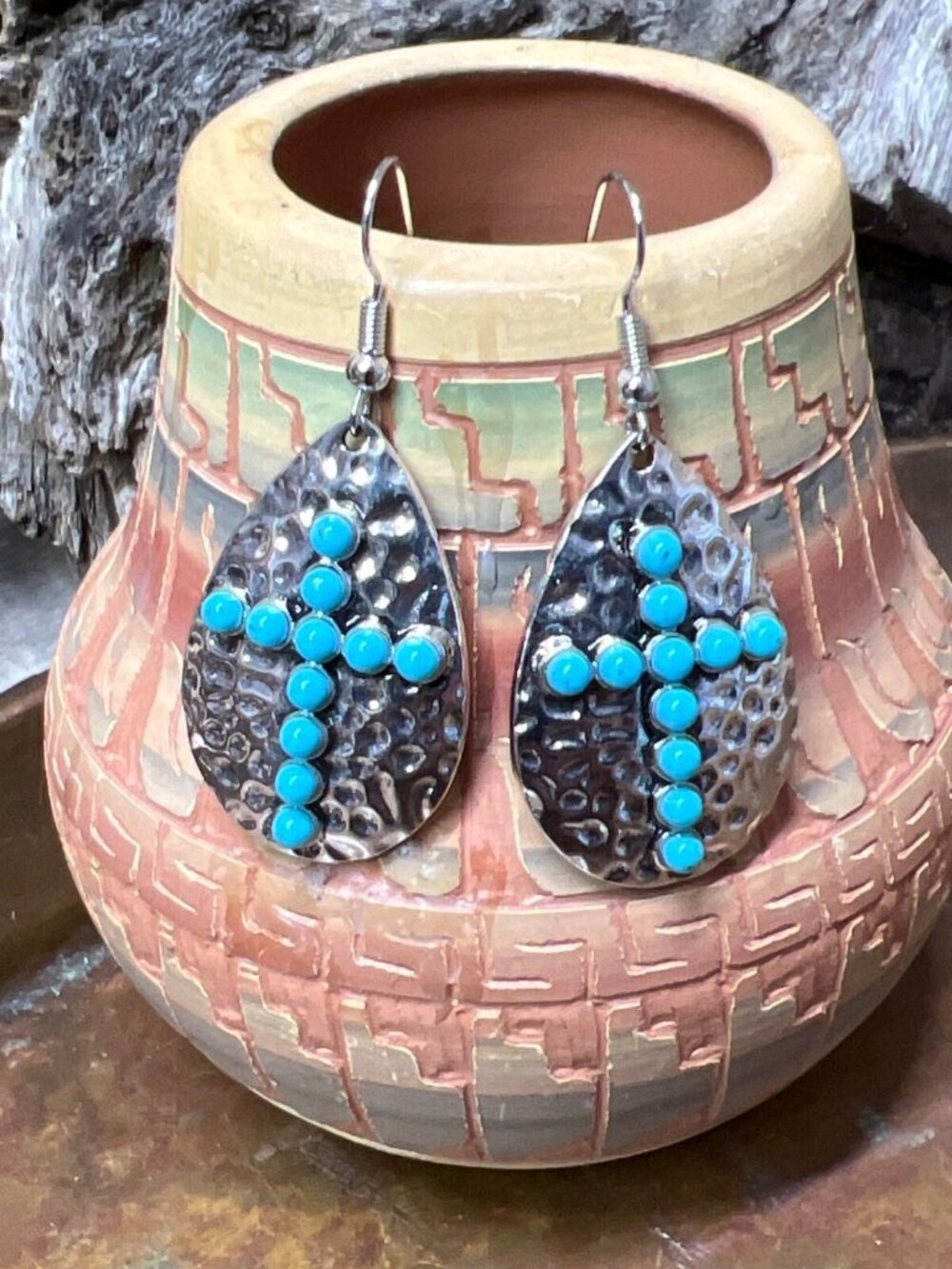 Cross Hammered Teardrop earrings Silver Turquoise Cowgirl Western Diva NEW Fall